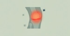 Ilustración de una rodilla inflamada por artritis de Lyme, causada por la picadura de una garrapata infectada con Borrelia burgdorferi